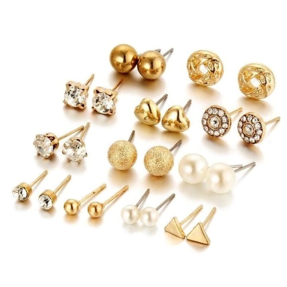😍12 PAIR 14K GOLD SILVER SIMPLE CLASSIC CRYSTAL PEARL SPARK STUD EARRINGS, F273 - Picture 6 of 12